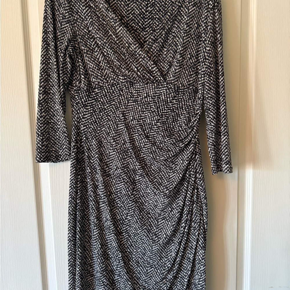 Ralph Lauren Black and White Printed 3/4-Sleeve Faux Wrap Dress